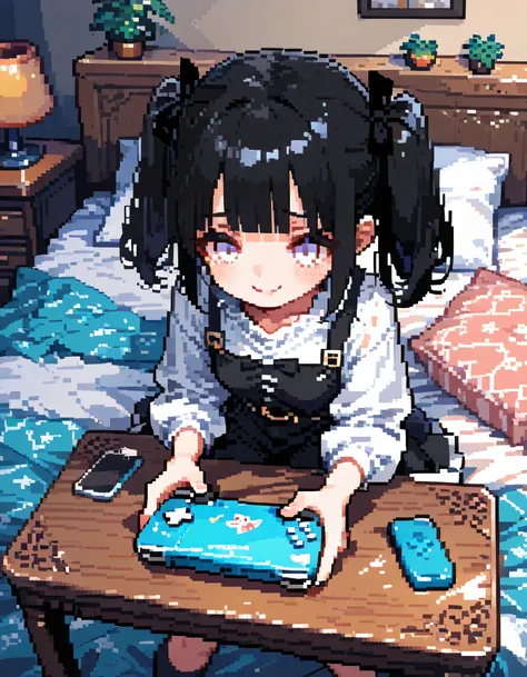 from above,dynamic angle,dynamic gaming pose,solo,black short twintail,blunt bangs,cute face,white eyes,natural cosmetic,worried smile,irritability,Playing games on my smartphone, late at night,my room,cute cushions,mini table,fancy furniture,fancy bed,ful...