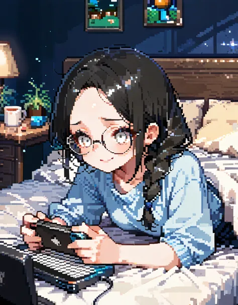 sideview,dynamic angle,dynamic gaming pose,solo,27years old,black single braid,forehead,glasses,adult female face,white eyes,natural cosmetic,worried smile,irritability,Playing games on my iphone, late at night,my room,cute cushions,mini table,fancy furnit...