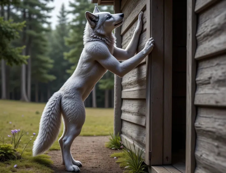  (masterpiece), best quality, 1wolf,  realistic, highly detailed, shallow depth of field, sharp focus, hyperrealism, cinematic lighting, photorealistic style, 8k solution, a gray wolf is stands on its hind legs and knocks on the door of grandmas old wood h...