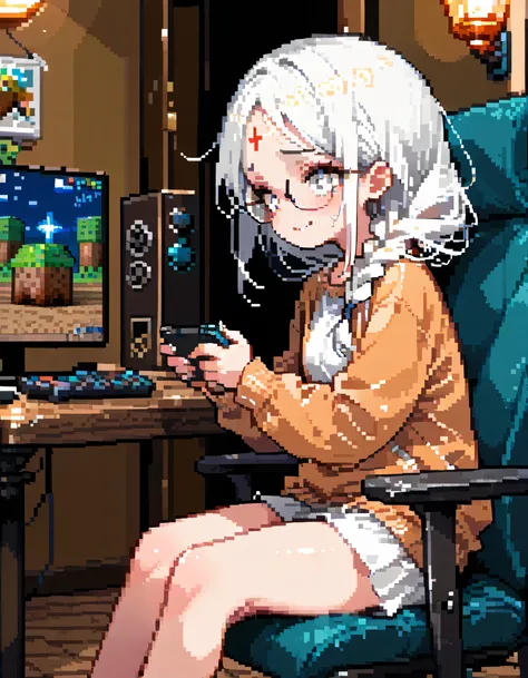 sideview,dynamic angle,dynamic sitting chair with  cross-legged gaming pose,solo,27years old,black single braid,forehead,glasses,adult female face,white eyes,natural cosmetic,worried smile,irritability,Playing games on my iphone, late at night,my room,cute...