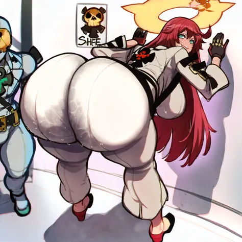Jack-O' Valentine (Guilty Gear Strive), She is a slender, fair-skinned young woman. Her hair color is predominantly red with white highlights at the bottom, her eyes are green, and her halo has cracked. Jack-O's main outfit consists of a skin-tight white p...