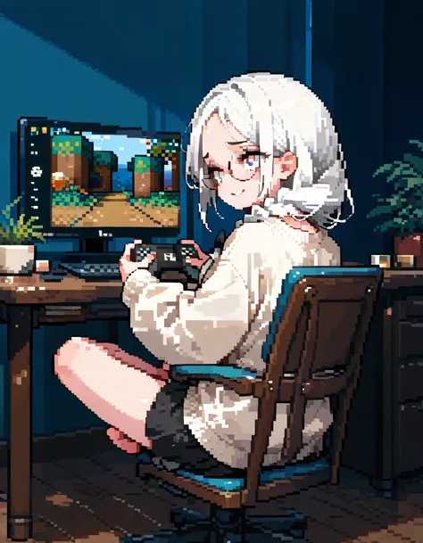 back view,dynamic angle,dynamic sitting chair with (cross-legged) gaming pose,solo,27years old,black single braid,forehead,glasses,adult female face,white eyes,natural cosmetic,worried smile,irritability,Playing games on my iphone, late at night,my room,cu...