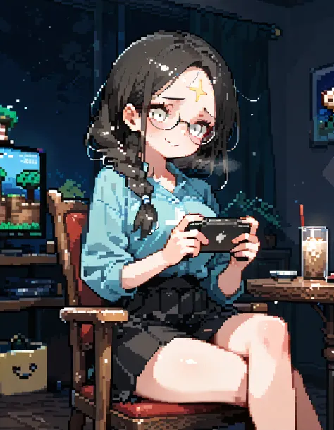 back view,dynamic angle,dynamic sitting chair with (cross-legged) gaming pose,solo,27years old,black single braid,forehead,glasses,adult female face,white eyes,natural cosmetic,worried smile,irritability,Playing games on my iphone, late at night,my room,cu...