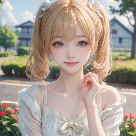 (masterpiece,best quality: 1.4),(8k,raw photo,photo realistic:1.2),shiny skin, detailed skin,detailed face,detailed eyes,Japanese idol,beautiful face. Flower garden, blue sky, countryside, one beautiful girl, very pretty, petite, big breasts, elementary sc...