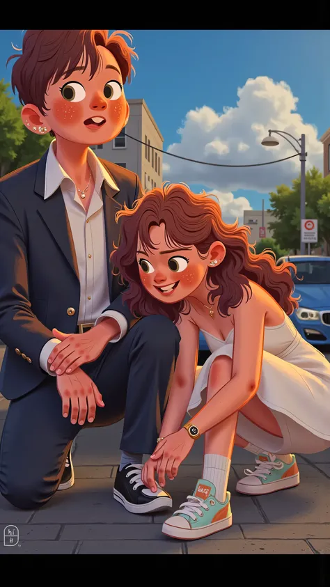 Panoramic front camera+hand shake,creates a real sense of thrill;Male protagonist(short black hair,green eyes,White shirt,black suit)紧张的看向Female protagonist;Female protagonist(long brown hair,wearing a white dress,white socks and colored sneakers)crouch do...