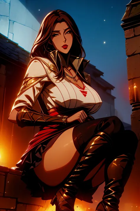 The woman, ((few clothes, layer, cloack)), necklace, shocks, knee-high boots ,socks, stockings, topless)), cathedral, Very detailed, night, 逼真的长期摄影, 4k, long hair, brown hair,By the chestnut, RED LIPS, sexy,red lips, brown eyes, Big breasts, big breasts, ...