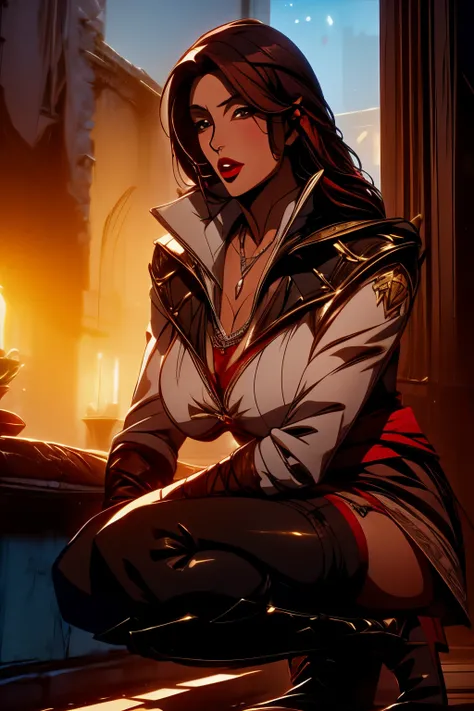 The woman, ((few clothes, layer, cloack)), necklace, shocks, knee-high boots ,socks, stockings, topless)), cathedral, Very detailed, night, 逼真的长期摄影, 4k, long hair, brown hair,By the chestnut, RED LIPS, sexy,red lips, brown eyes, Big breasts, big breasts, ...