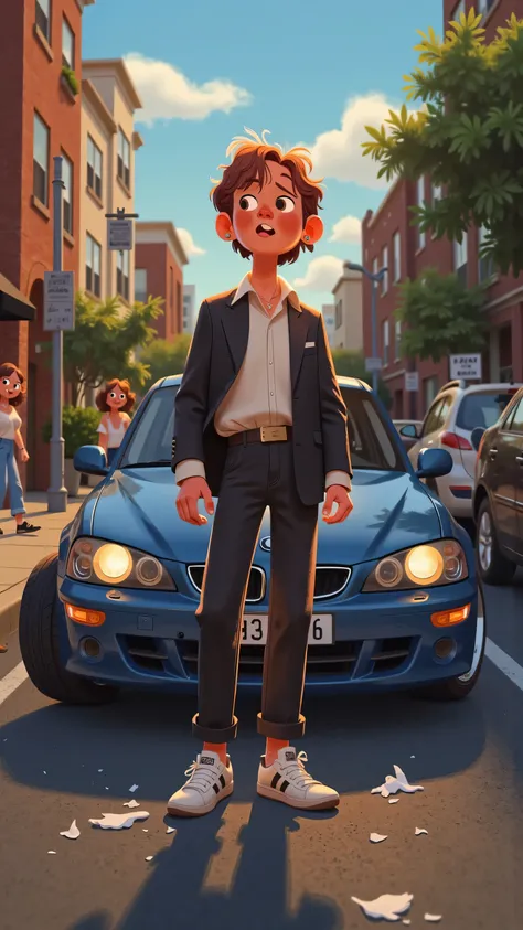 Panoramic front camera+hand shake,creates a real sense of thrill;Male protagonist(short brown hair,brown eyes,White shirt,black suit)Standing flustered by the blue car;On a cloudy street corner,Open and bright; illustration style ;