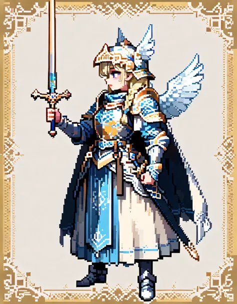 solo,upperbody,profile,vblonde single braids,natural cosmetic,adult female,full lips,Valkyrie helmet and armor,Absolute territory,Official art,Angel wings,Holding a holy sword in one hand,Holy sword is the main focus,full color,soft lineart,flat color back...