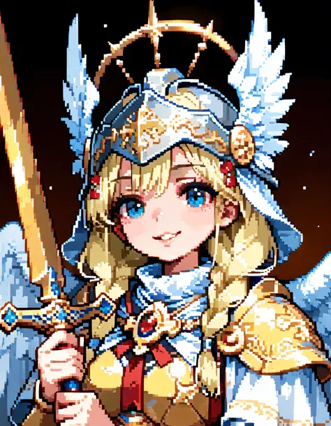 solo,(upperbody),portrait+,smile,vblonde single braids,natural cosmetic,adult female,full lips,Valkyrie helmet and armor,Absolute territory,Official art,Angel wings,Holding a holy sword in one hand,Holy sword is the main focus,full color,soft lineart,flat ...