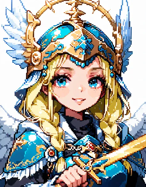 solo,(upperbody),portrait+,smile,vblonde single braids,natural cosmetic,adult female,full lips,Valkyrie helmet and armor,Absolute territory,Official art,Angel wings,Holding a holy sword in one hand,Holy sword is the main focus,full color,soft lineart,flat ...
