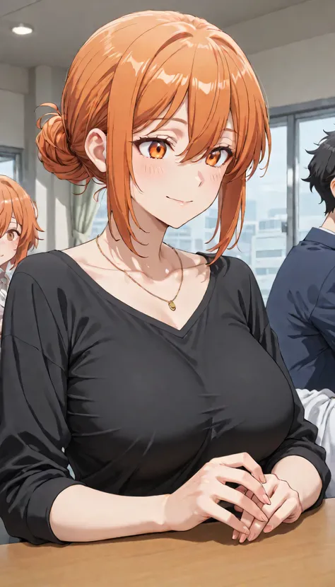 score_9, score_8_up , score_7_up , ,Max Masterpiece、Highest Quality、illustrations、Super fine、、high image quality、  8k 、perfect dynamic composition、 saggy due to motherhood、yuigahamama, hair bun, mature female, orange eyes, orange hair, short hair, single h...