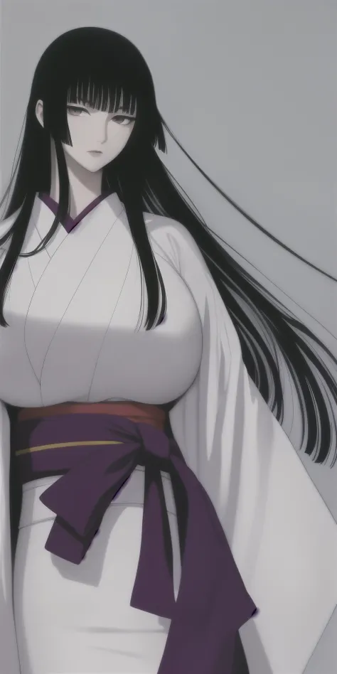 ichihara_yuuko, huge_breasts, standing, solo, white_kimono, masterpiece, best quality, detailed face, detailed eyes, highres,