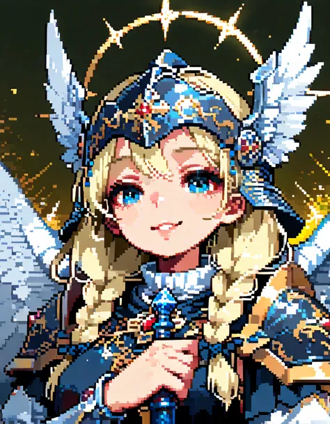 solo,(upperbody),portrait+,smile,vblonde single braids,natural cosmetic,adult female,full lips,dark Valkyrie helmet and armor,Absolute territory,Official art,black Angel wings,Holding a holy sword in one hand,(dark sword is the main focus)+,full color,soft...