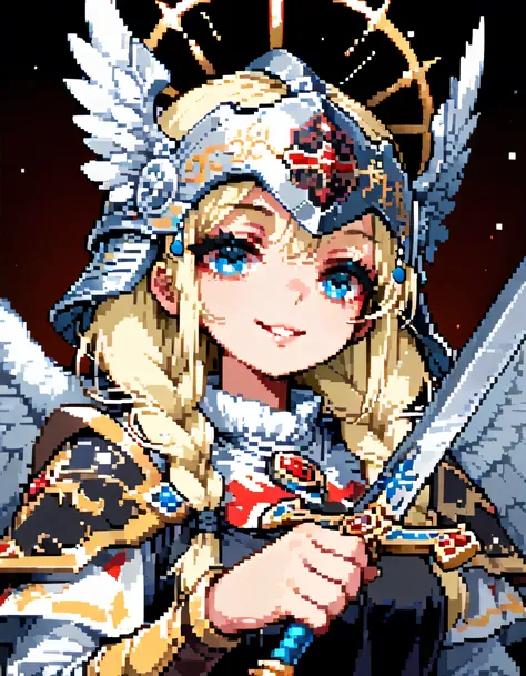 solo,(upperbody),portrait+,smile,vblonde single braids,natural cosmetic,adult female,full lips,dark Valkyrie helmet and armor,Absolute territory,Official art,black Angel wings,Holding a holy sword in one hand,(dark sword is the main focus)+,full color,soft...