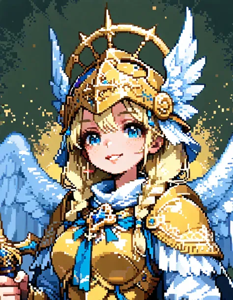 solo,(upperbody),portrait+,smile,vblonde single braids,natural cosmetic,adult female,full lips,Valkyrie helmet and armor,Absolute territory,Official art,Angel wings,Holding a holy sword in one hand,(Holy sword is the main focus)+,full color,soft lineart,fl...