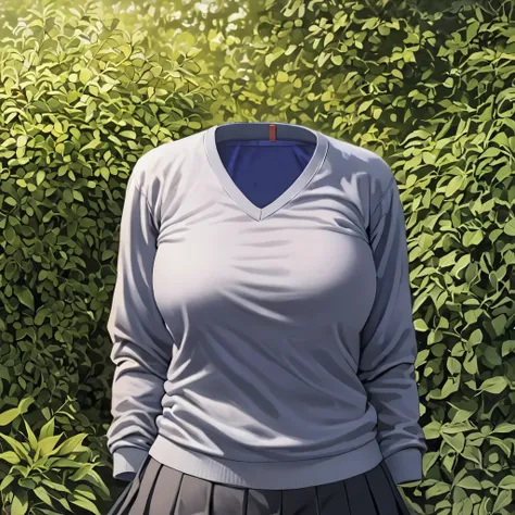 (invisible:1.5, no humans:1.5, headless:1.5, faceless:1.5), (sweater, school uniform,relaxing in garden:1.2), (big breast), (best quality, masterpiece:1.2), ((detailed cloth texture, detailed anime, super fine illustration)), realistic, photo-realistic
