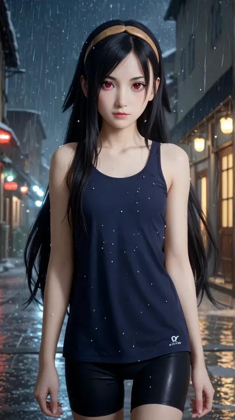 1girl, solo,hikari uchiha,black hair,long hair,outdoors,potrait,raining background,tanktop,small breast,black eyes,snowfall,bronze hairband,night,red eyes,bike shorts,winter background