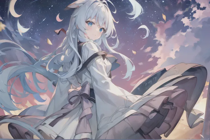 (best quality, masterpiece, high resolution),1 girl,alone,long hair, bangs,Cowboy Shooter, blurry,wind,lightweight particles,(super detailed), REAL LIGHTING , 4K, 8,000,white dress , skirt,White hair, long hair,night,Sky,Star,Stars,抬头望向Sky,backgroun...