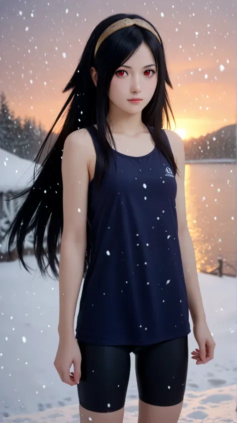 1girl, solo,hikari uchiha,black hair,long hair,outdoors,potrait,tanktop,small breast,black eyes,snowfall,bronze hairband,sunrise,red eyes,bike shorts,winter background