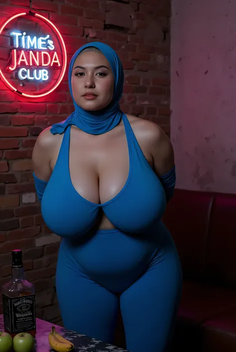SUPER OLD LADY, leggings periwinkle !!!, (Thighs and calves huge muscles), (((MOODY FACE EXPRESSION))), "Wearing Hijab perfectly",  wearing Scoop Neck Sleeveless neon periwinkle Bodysuits singlet swimsuit , (KEDUA BELAH TANGAN DILETAK LETAKKAN DIBELAKANG P...