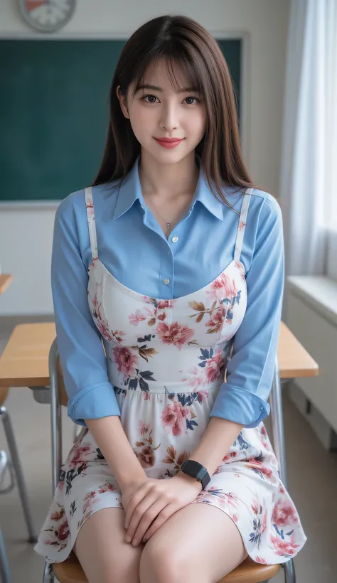(8K, top quality, masterpiece,RAW photo,realistic,golden ratio composition,:1.3),(((full body from head to toe in photo))),(Japanese woman, beautiful Japanese young girls in classic dress, flower motif dress with blue shirt in outter , wearing smartwatch a...