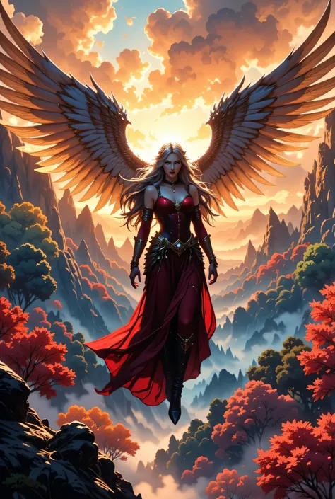 aasimar, female, angelic wings spread , flying over an enchanted forest , colorful trees, at dawn, sunlight, wearing red dress, high heeled boots, shiny silver hair, long hair, blue eyes, black hair, long hair, ponytail, bead necklace, anchor choker, symb...