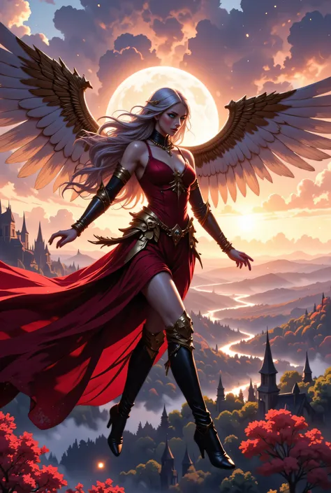 aasimar, female, angelic wings spread , flying over an enchanted forest , colorful trees, at dawn, sunlight, wearing red dress, high heeled boots, shiny silver hair, long hair, blue eyes, black hair, long hair, ponytail, bead necklace, anchor choker, symb...