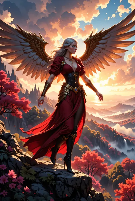 aasimar, female, angelic wings spread , flying over an enchanted forest , colorful trees, at dawn, sunlight, wearing red dress, high heeled boots, shiny silver hair, long hair, blue eyes, black hair, long hair, ponytail, bead necklace, anchor choker, symb...