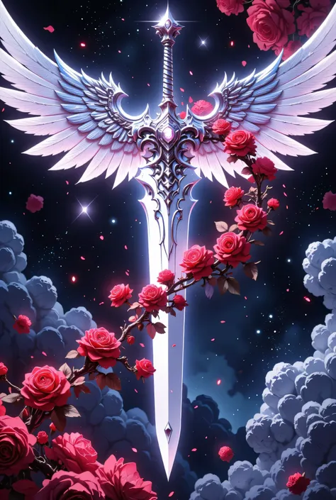 an epic sword with a angelic wings entwined on the blade, a magnificent silver shinning sword, radiant sword, with a diamonds in the hilt, there is a red rose vine entwined along the blade, high details, best quality, 16k, (ultra detailed: 1.5), masterpiec...