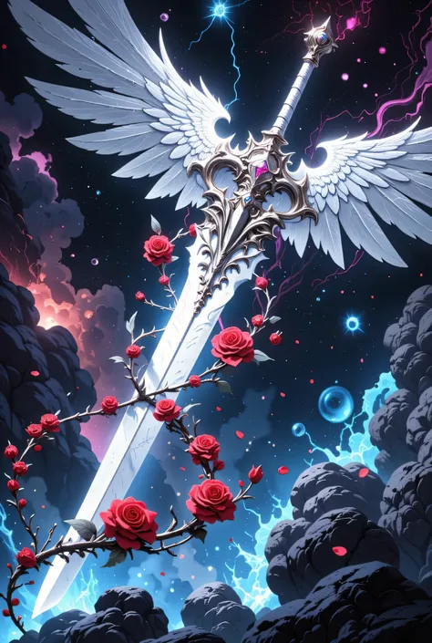 an epic sword with a angelic wings entwined on the blade, a magnificent silver shinning sword, radiant sword, with a diamonds in the hilt, there is a red rose vine entwined along the blade, high details, best quality, 16k, (ultra detailed: 1.5), masterpiec...
