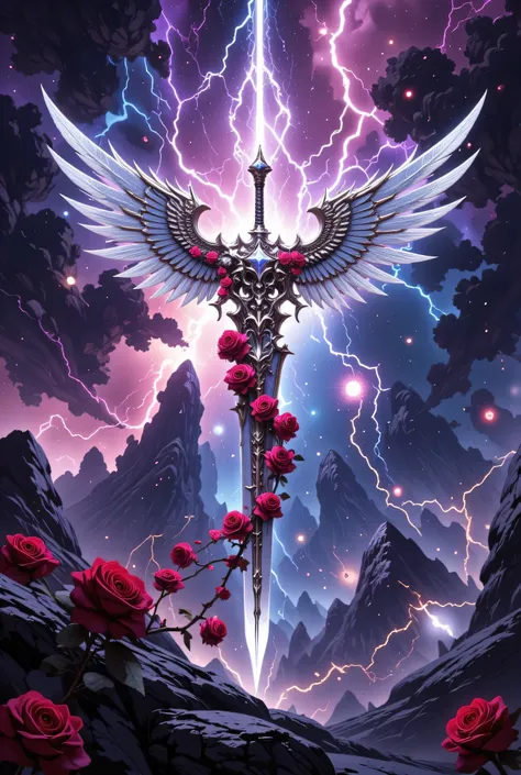 an epic sword with a angelic wings entwined on the blade, a magnificent silver shinning sword, radiant sword, with a diamonds in the hilt, there is a red rose vine entwined along the blade, high details, best quality, 16k, (ultra detailed: 1.5), masterpiec...