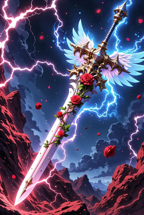 an epic sword with a angelic wings entwined on the blade, a magnificent silver shinning sword, radiant sword, with a diamonds in the hilt, there is a red rose vine entwined along the blade, high details, best quality, 16k, (ultra detailed: 1.5), masterpiec...