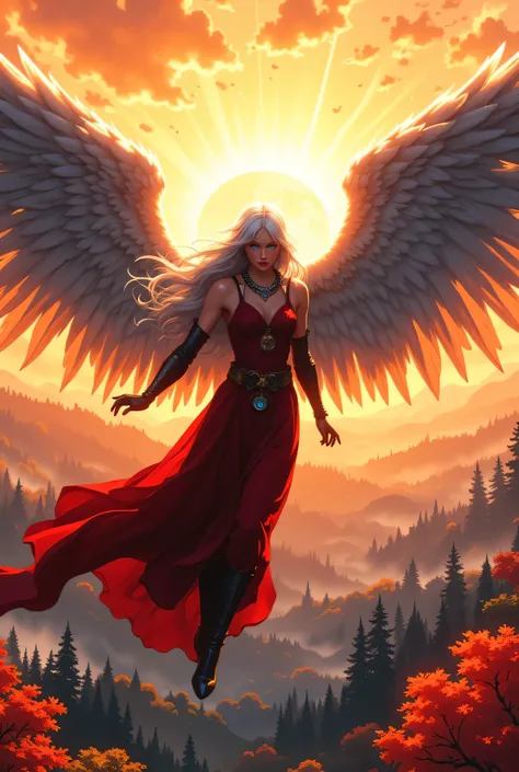 aasimar, female, angelic wings spread , flying over an enchanted forest , colorful trees, at dawn, sunlight, wearing red dress, high heeled boots, shiny silver hair, long hair, blue eyes, black hair, long hair, ponytail, bead necklace, anchor choker, symb...