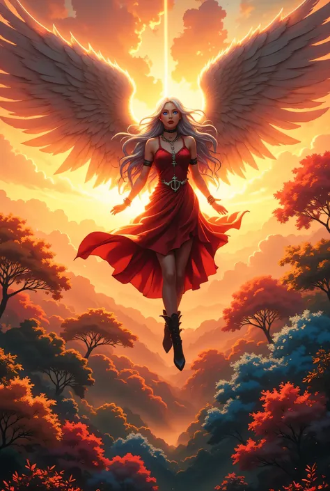 aasimar, female, angelic wings spread , flying over an enchanted forest , colorful trees, at dawn, sunlight, wearing red dress, high heeled boots, shiny silver hair, long hair, blue eyes, black hair, long hair, ponytail, bead necklace, anchor choker, symb...