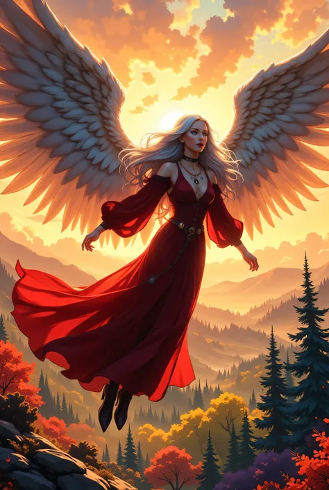 aasimar, female, angelic wings spread , flying over an enchanted forest , colorful trees, at dawn, sunlight, wearing red dress, high heeled boots, shiny silver hair, long hair, blue eyes, black hair, long hair, ponytail, bead necklace, anchor choker, symb...