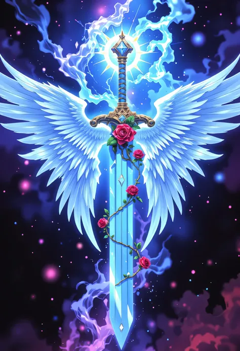 an epic sword with a angelic wings entwined on the blade, a magnificent silver shinning sword, radiant sword, with a diamonds in the hilt, there is a red rose vine entwined along the blade, high details, best quality, 16k, (ultra detailed: 1.5), masterpiec...