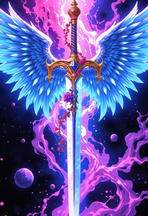 an epic sword with a angelic wings entwined on the blade, a magnificent silver shinning sword, radiant sword, with a diamonds in the hilt, there is a red rose vine entwined along the blade, high details, best quality, 16k, (ultra detailed: 1.5), masterpiec...