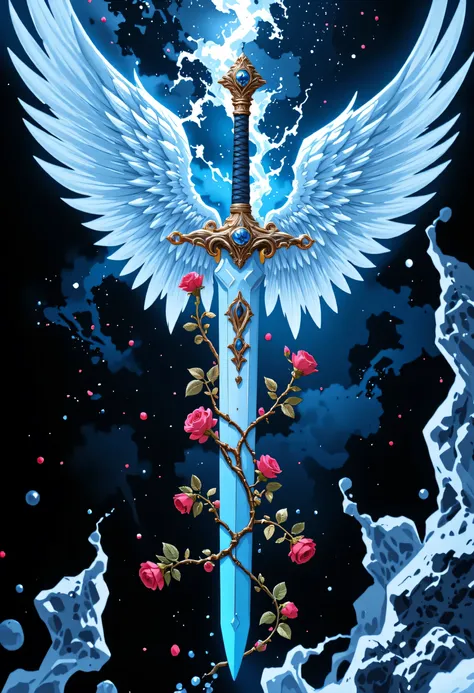 an epic sword with a angelic wings entwined on the blade, a magnificent silver shinning sword, radiant sword, with a diamonds in the hilt, there is a red rose vine entwined along the blade, high details, best quality, 16k, (ultra detailed: 1.5), masterpiec...
