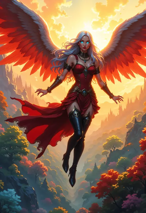 aasimar, female, angelic wings spread , flying over an enchanted forest , colorful trees, at dawn, sunlight, wearing red leather dress, small cleavage, high heeled boots, shiny silver hair, long hair, blue eyes, black hair, long hair, ponytail, bead neckl...