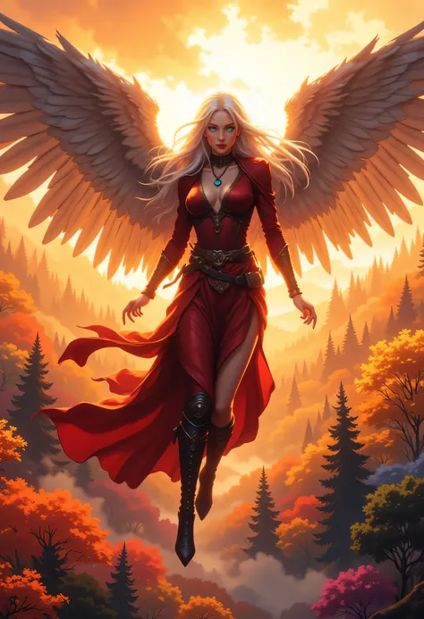 aasimar, female, angelic wings spread , flying over an enchanted forest , colorful trees, at dawn, sunlight, wearing red leather dress, small cleavage, high heeled boots, shiny silver hair, long hair, blue eyes, black hair, long hair, ponytail, bead neckl...