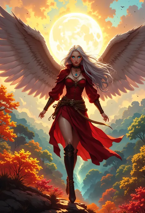 aasimar, female, angelic wings spread , flying over an enchanted forest , colorful trees, at dawn, sunlight, wearing red leather dress, small cleavage, high heeled boots, shiny silver hair, long hair, blue eyes, black hair, long hair, ponytail, bead neckl...