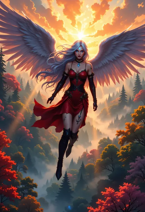 aasimar, female, angelic wings spread , flying over an enchanted forest , colorful trees, at dawn, sunlight, wearing red leather dress, small cleavage, high heeled boots, shiny silver hair, long hair, blue eyes, black hair, long hair, ponytail, bead neckl...