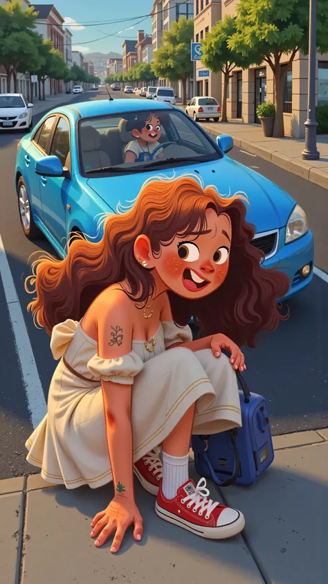 panoramic overhead lens+hand shake,creates a real sense of thrill;A blue car brakes urgently,Slightly rubbed;Bag falls,Female protagonist(long brown hair,wearing a white dress,white socks and colored sneakers)crouch down and rub your feet。On a cloudy stree...