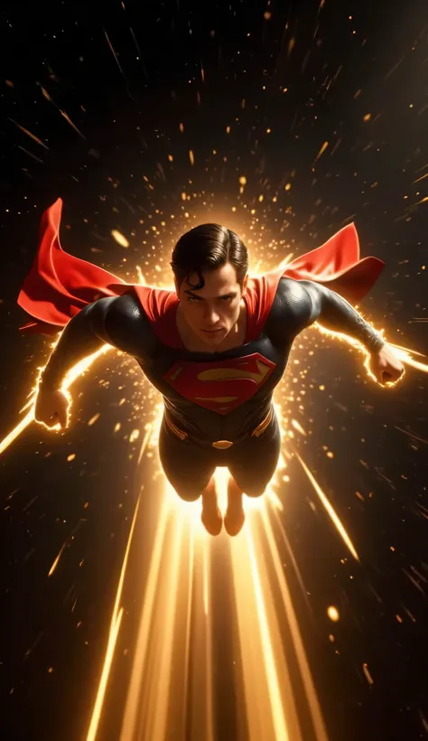 A hyper-realistic, ultra-detailed 8K cinematic scene. Full-body view of Superman as he launches forward at high speed through space. His body is streamlined in classic flight posture — arms extended forward, fists clenched, cape flowing behind him.

A soft...