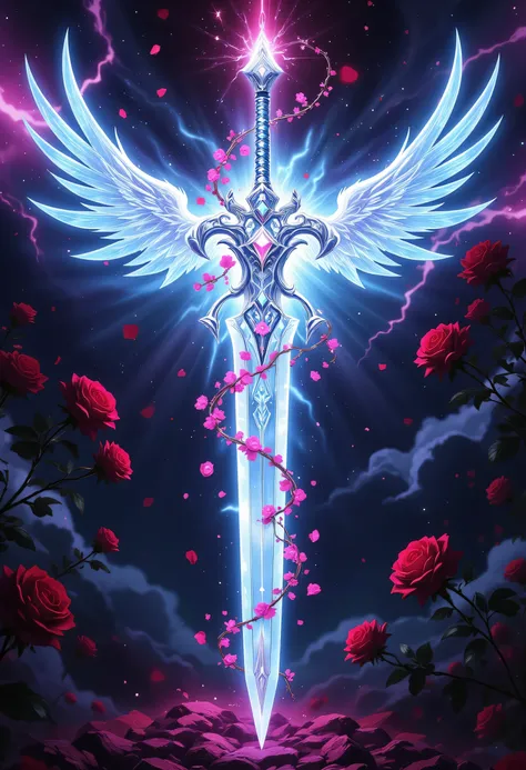 an epic sword with a angelic wings entwined on the blade, a magnificent silver shinning sword, radiant sword, with a diamonds in the hilt, there is a red rose vine entwined along the blade, high details, best quality, 16k, (ultra detailed: 1.5), masterpiec...