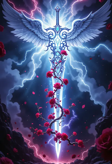 an epic sword with a angelic wings entwined on the blade, a magnificent silver shinning sword, radiant sword, with a diamonds in the hilt, there is a red rose vine entwined along the blade, high details, best quality, 16k, (ultra detailed: 1.5), masterpiec...