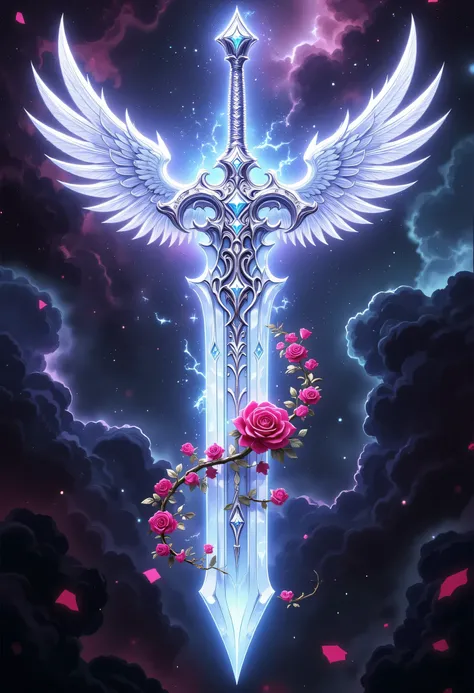 an epic sword with a angelic wings entwined on the blade, a magnificent silver shinning sword, radiant sword, with a diamonds in the hilt, there is a red rose vine entwined along the blade, high details, best quality, 16k, (ultra detailed: 1.5), masterpiec...