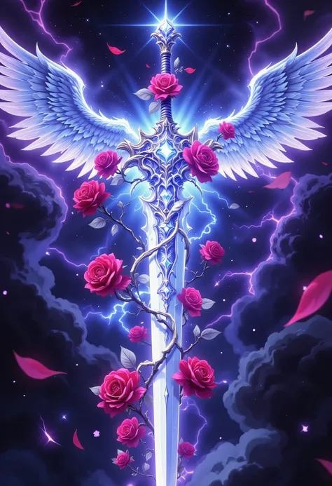 an epic sword with a angelic wings entwined on the blade, a magnificent silver shinning sword, radiant sword, with a diamonds in the hilt, there is a red rose vine entwined along the blade, high details, best quality, 16k, (ultra detailed: 1.5), masterpiec...