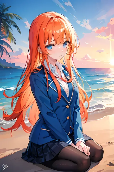 Young girl, orange long hair, blue eyes, wearing uniform light blue blazer , black skirt checkered pattern, cool girl, beach afternoon background, light blue blazer, oversize blazer, red tie, bad girl, big eyes, crying cute girl, very sad face with tears, ...